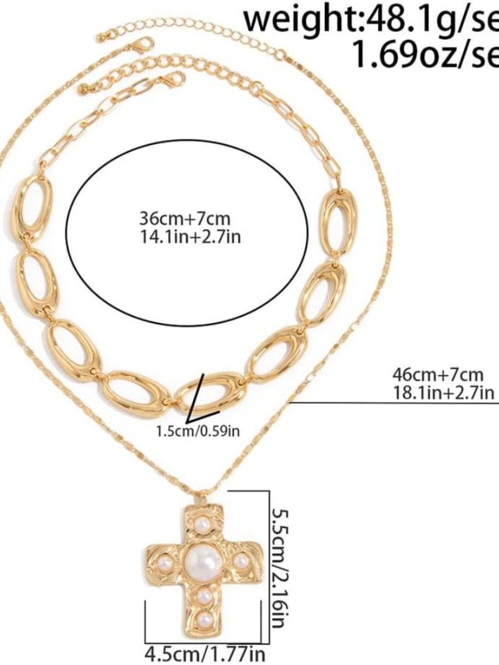 Gold Chunky Cross Necklace for Women Statement Pearl Cross Pendant Necklace Chun - Picture 5 of 7
